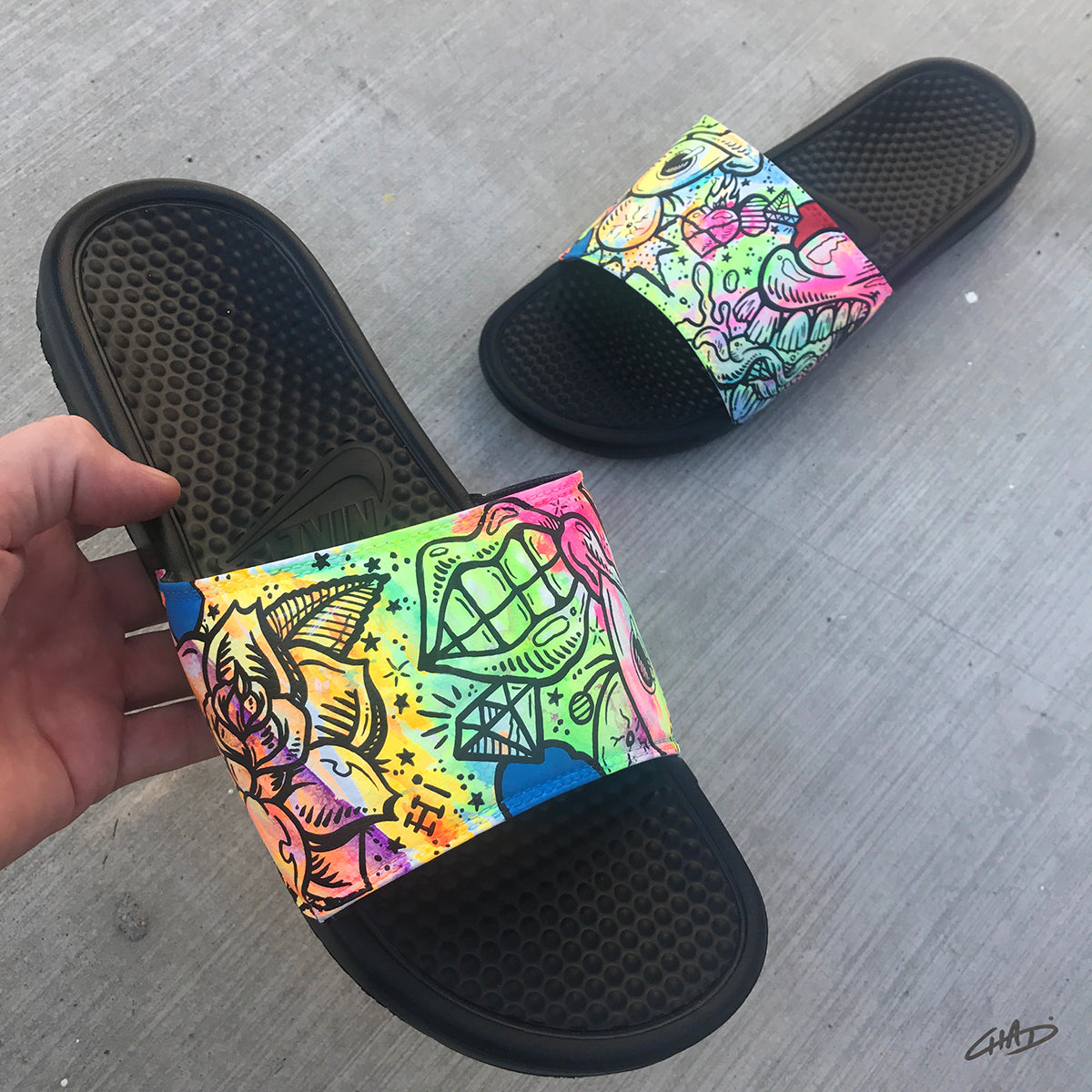 Battery Acid - Hand Painted Nike Slides aka Sandals, Flip Flops