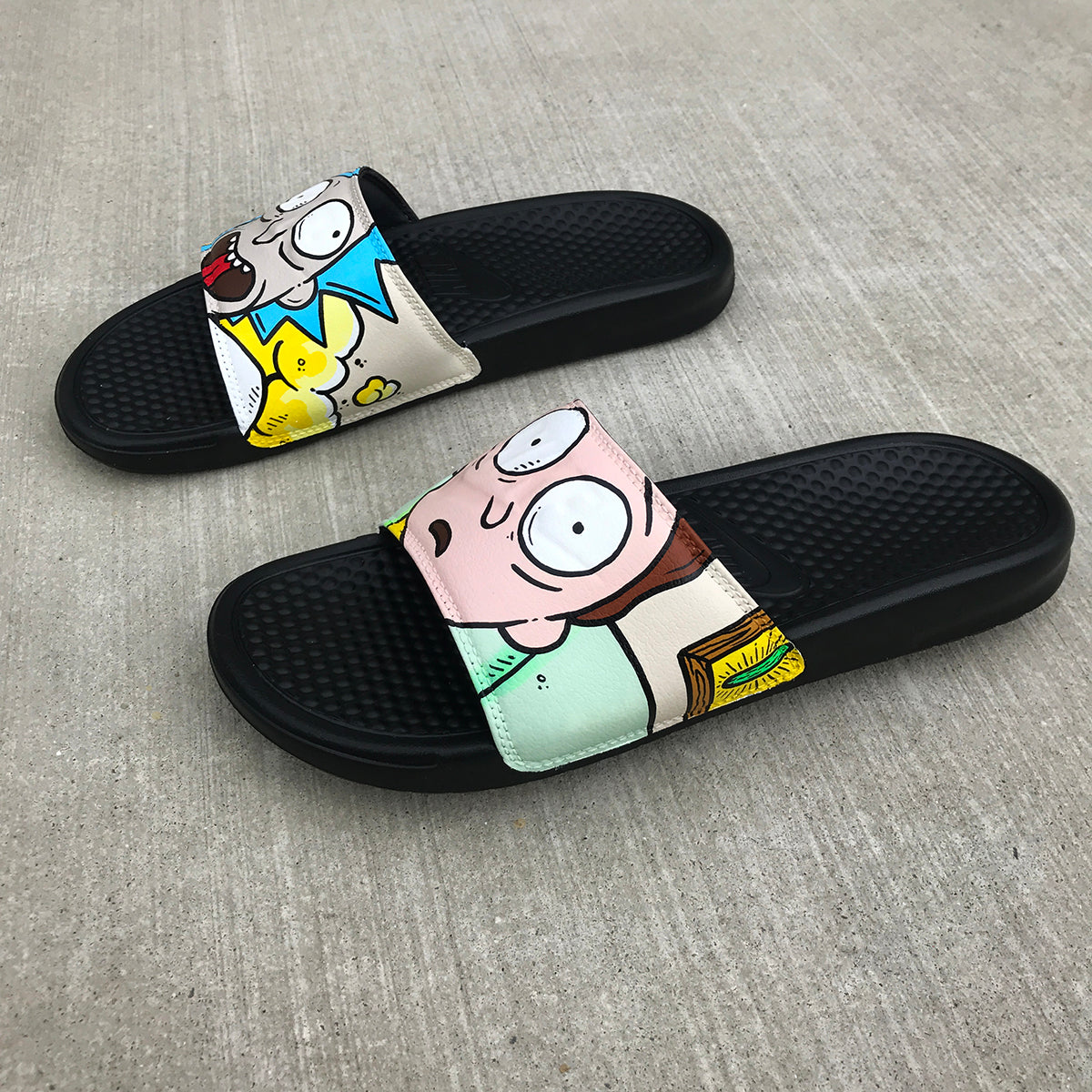 Rick and Morty Themed Hand Painted Nike Slides aka Sandals, Flip Flops