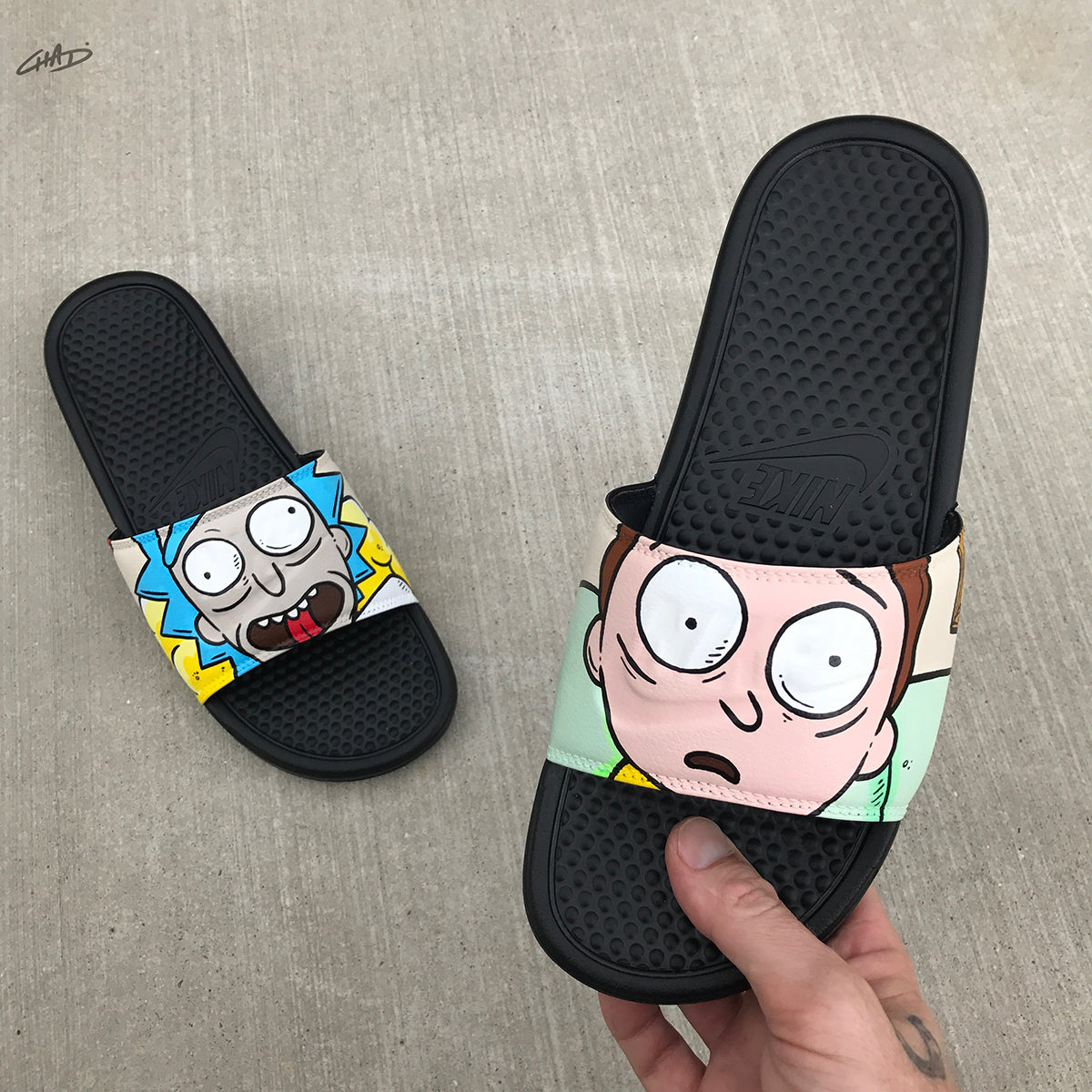 Rick and Morty Themed Hand Painted Nike Slides aka Sandals, Flip Flops