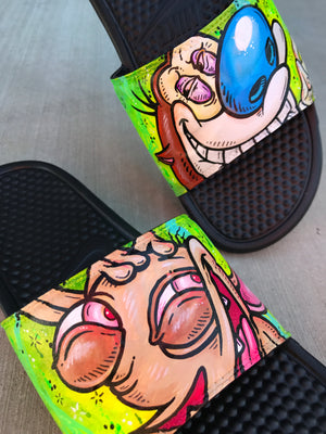 Ren & Stimpy Themed Hand Painted Nike Slides aka Sandals, Flip Flops
