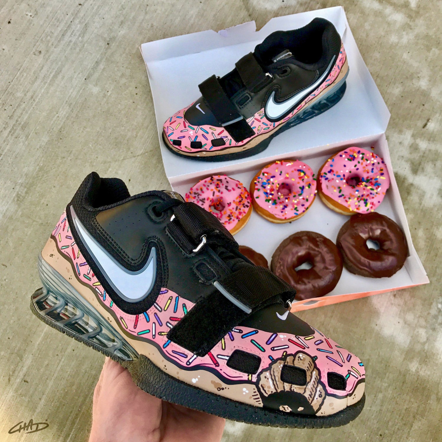 Custom pink sprinkled donut Hand painted Nike Romaleos olympic