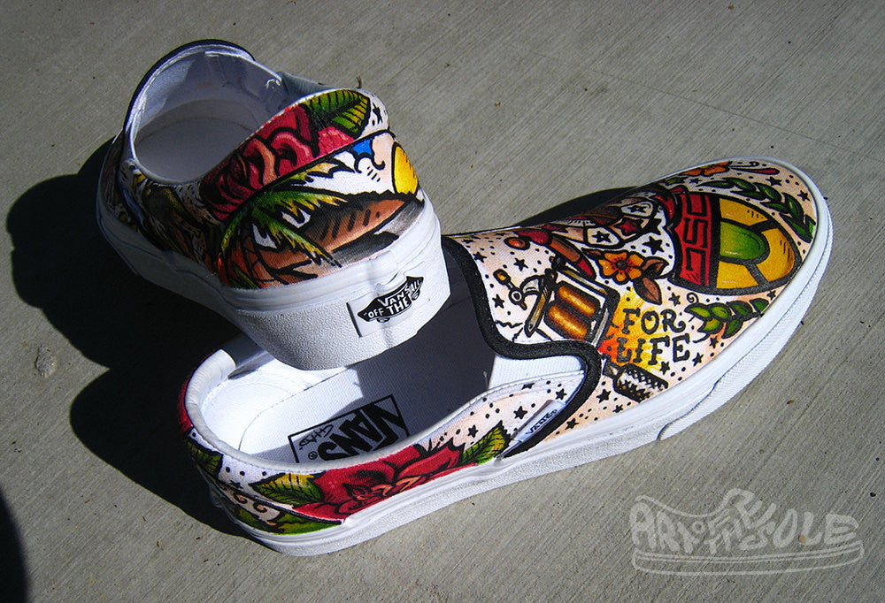 Vintage Tattoo themed Custom hand painted Vans Authentics Shoes