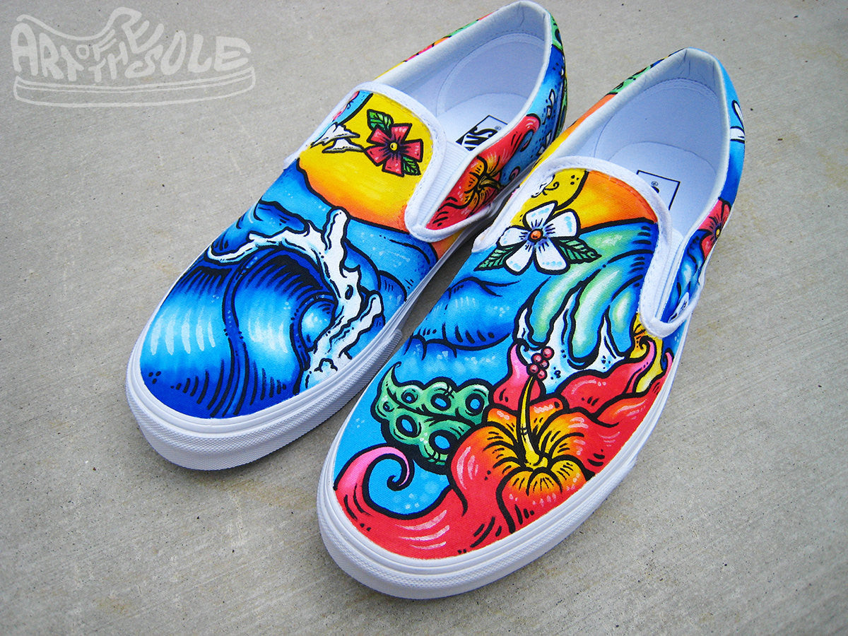 Paradise Custom Hand Painted Vans Slip On Shoes
