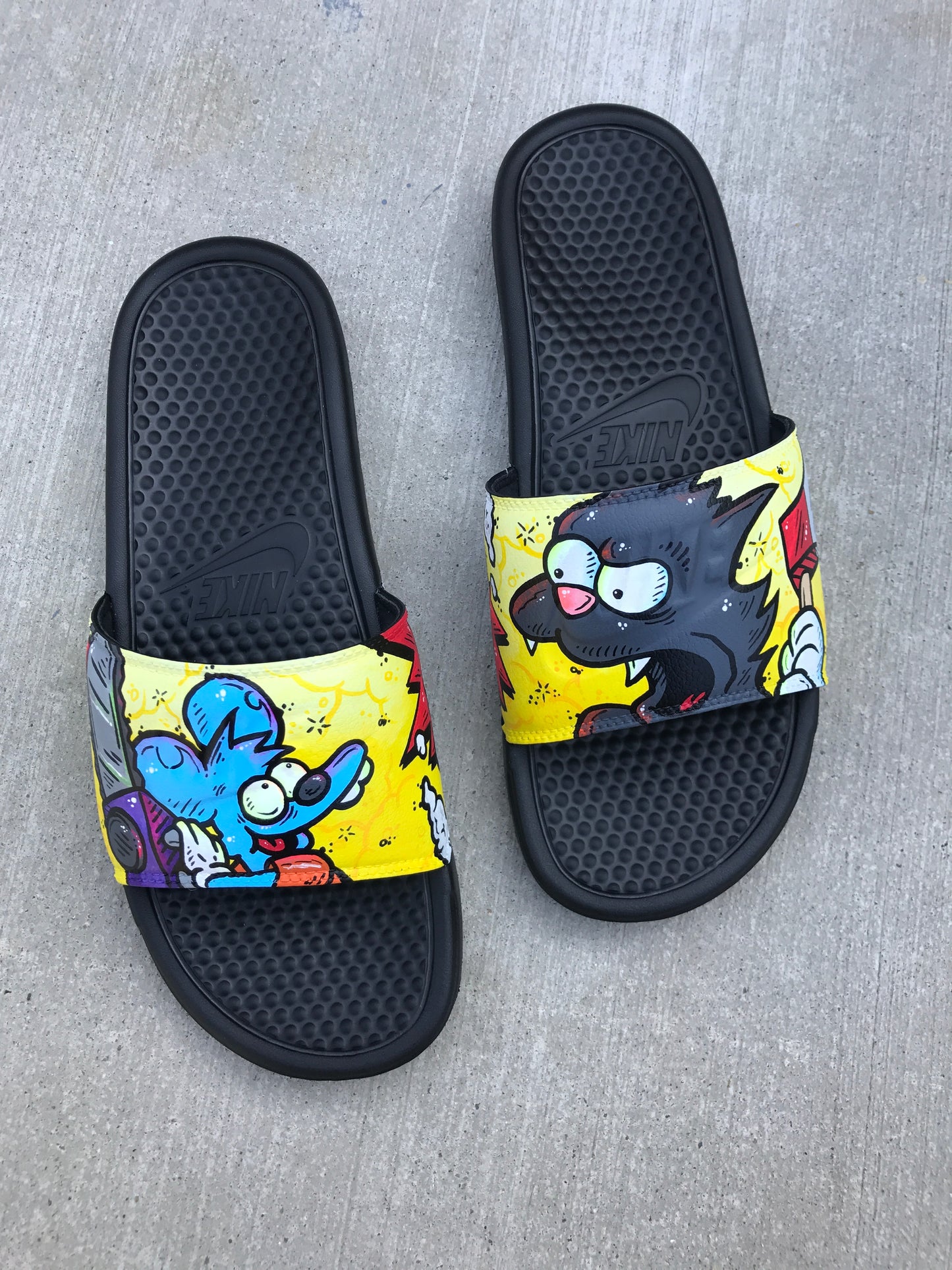 Itchy and Scratchy Simpsons Themed Hand Painted Nike Slides aka Sandals, Flip Flops