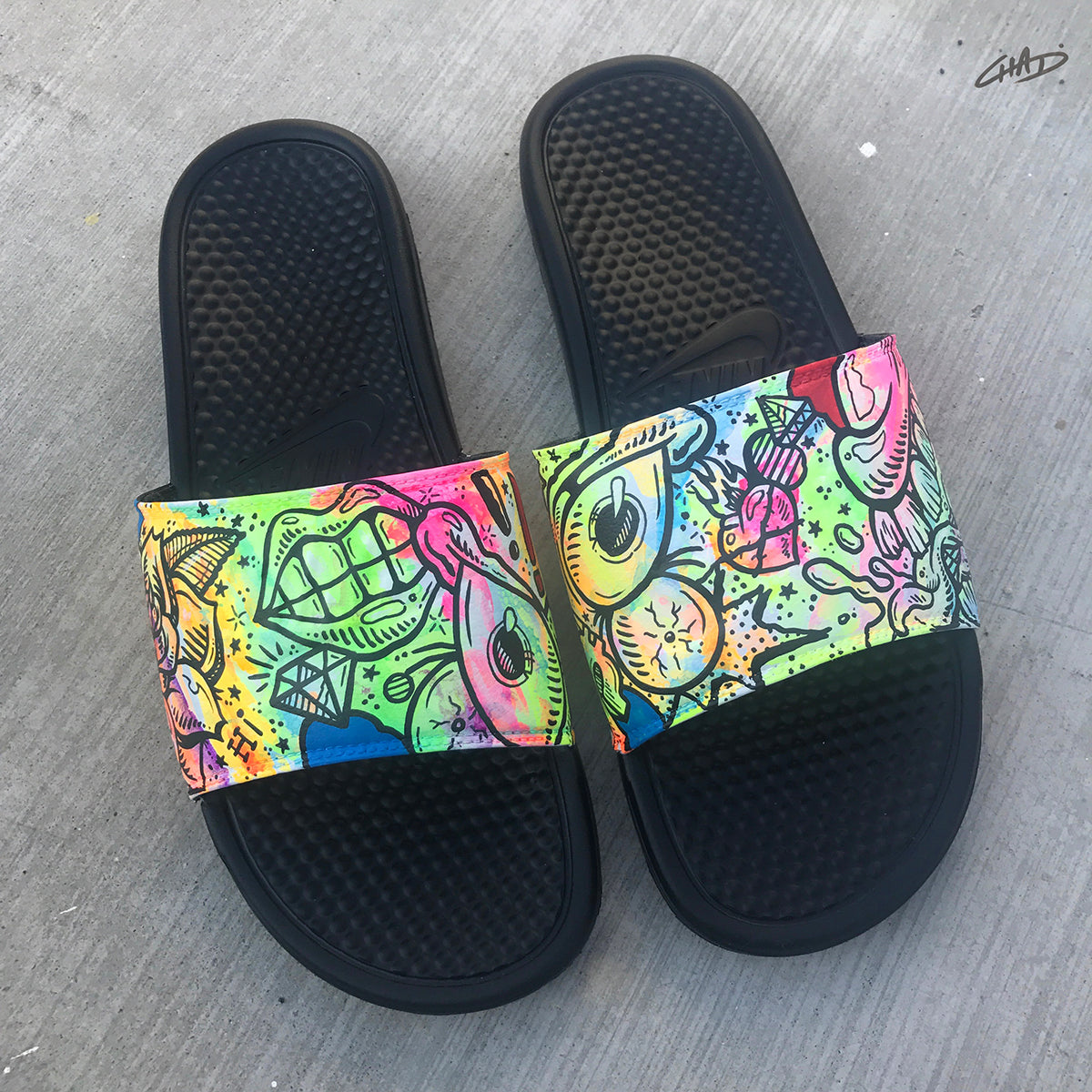 Battery Acid - Hand Painted Nike Slides aka Sandals, Flip Flops