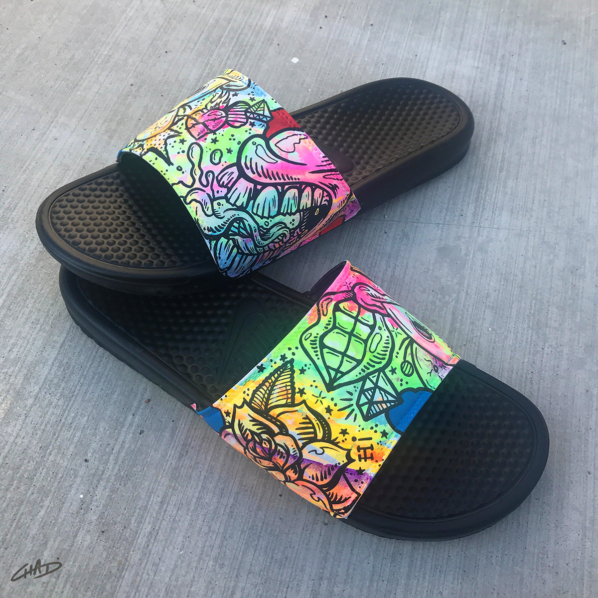 Battery Acid - Hand Painted Nike Slides aka Sandals, Flip Flops