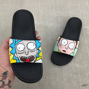 Rick and Morty Themed Hand Painted Nike Slides aka Sandals, Flip Flops