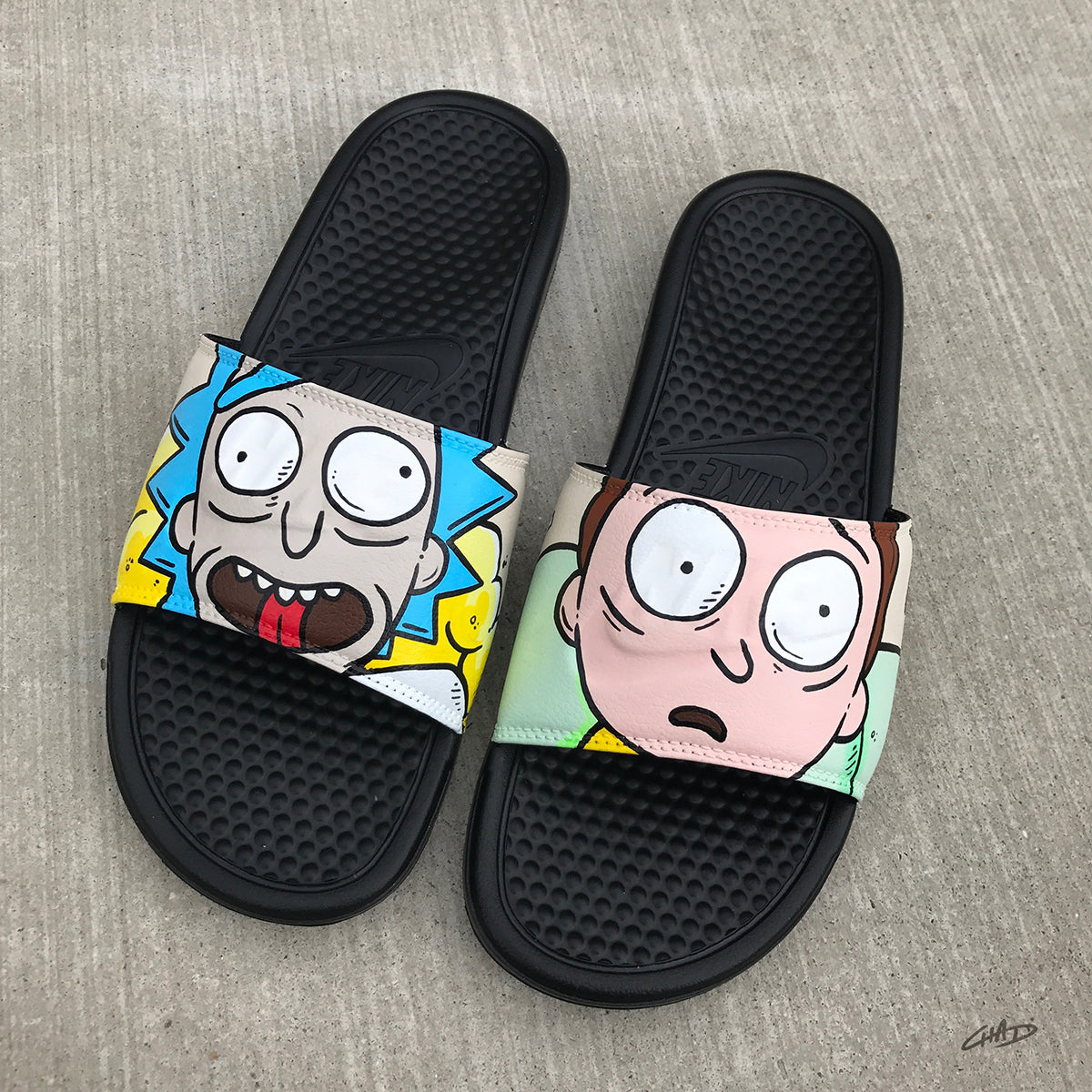 Rick and Morty Themed Hand Painted Nike Slides aka Sandals, Flip Flops