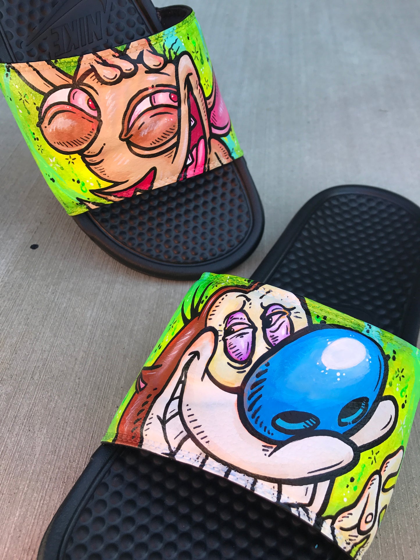 Ren & Stimpy Themed Hand Painted Nike Slides aka Sandals, Flip Flops