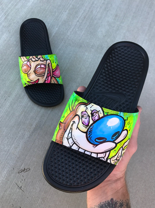 Ren & Stimpy Themed Hand Painted Nike Slides aka Sandals, Flip Flops