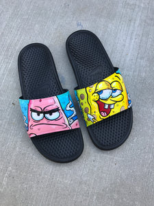 Spongebob SquarepantsThemed Hand Painted Nike Slides aka Sandals, Flip Flops