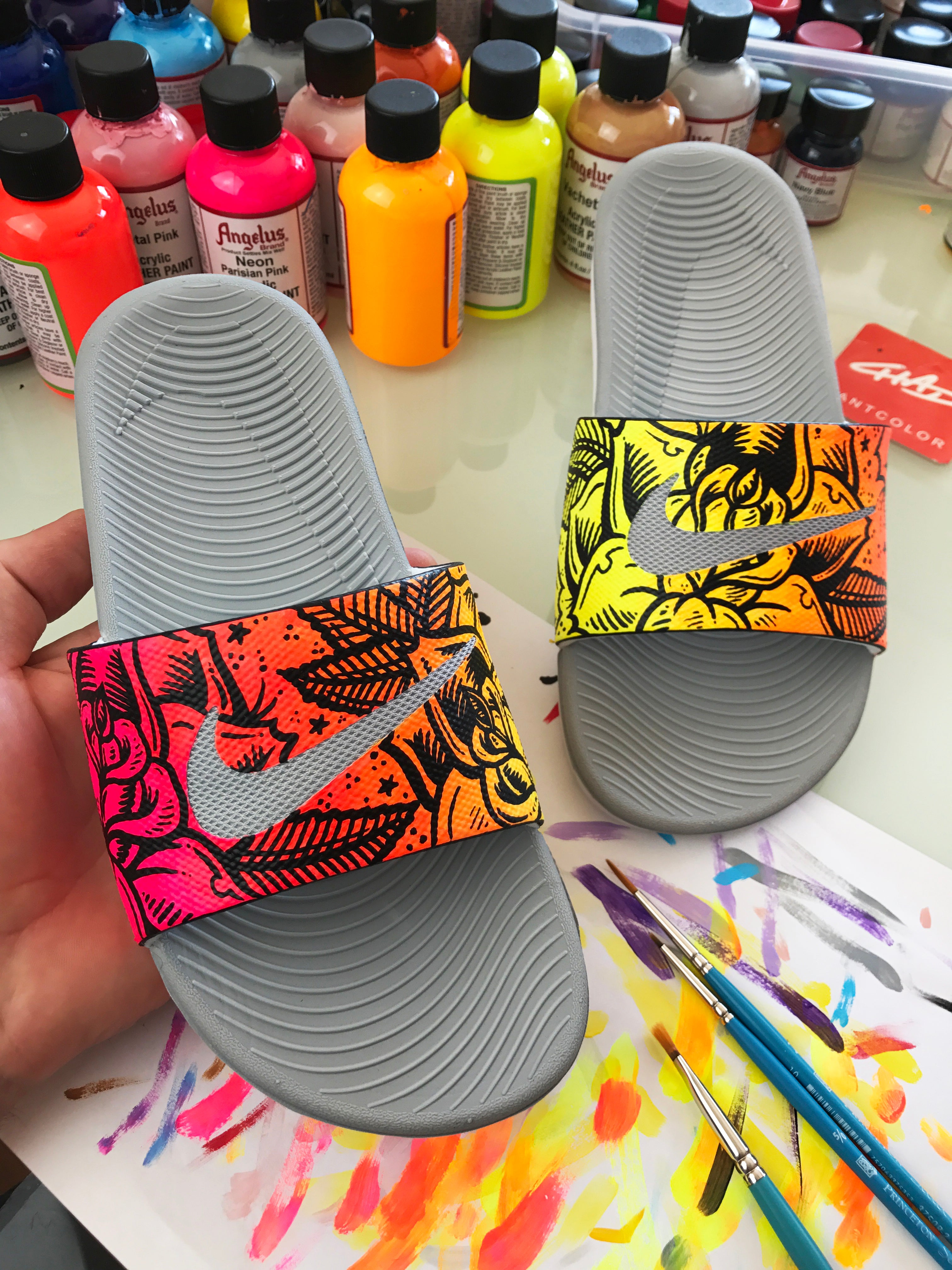 Solar Rose - Hand Painted Nike Slides aka Sandals, Flip Flops