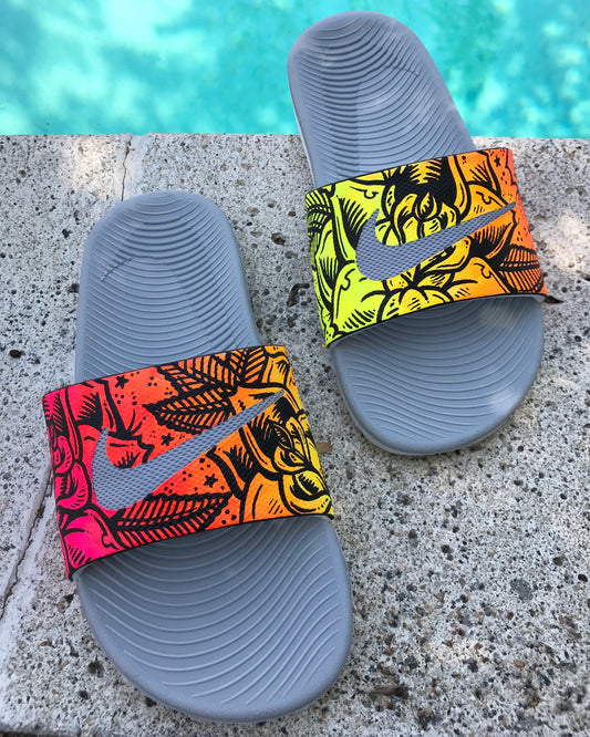 Solar Rose - Hand Painted Nike Slides aka Sandals, Flip Flops