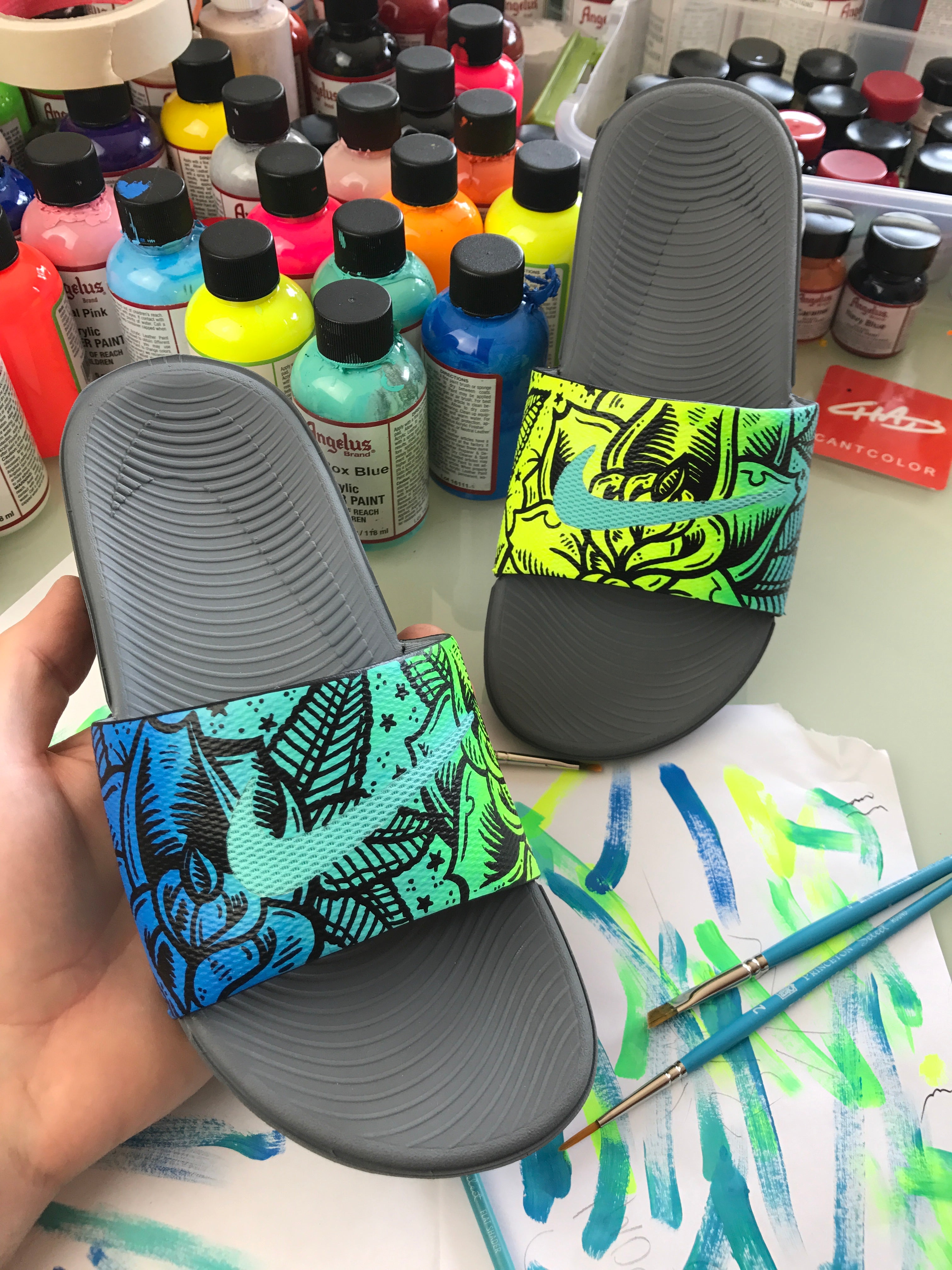Emerald Rose - Hand Painted Nike Slides aka Sandals, Flip Flops