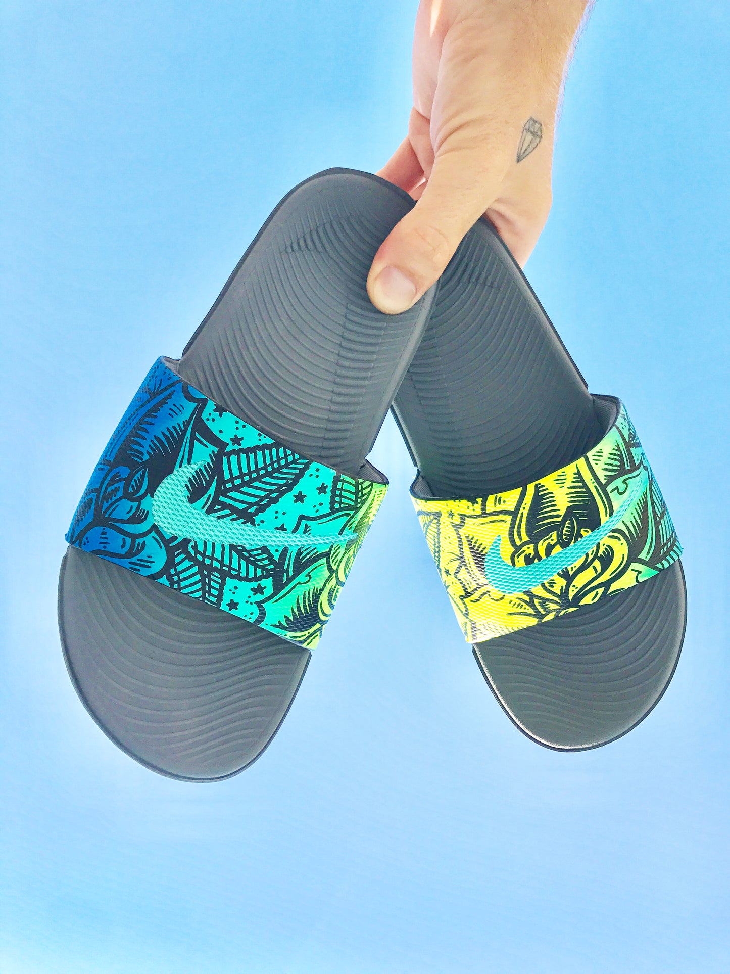 Emerald Rose - Hand Painted Nike Slides aka Sandals, Flip Flops