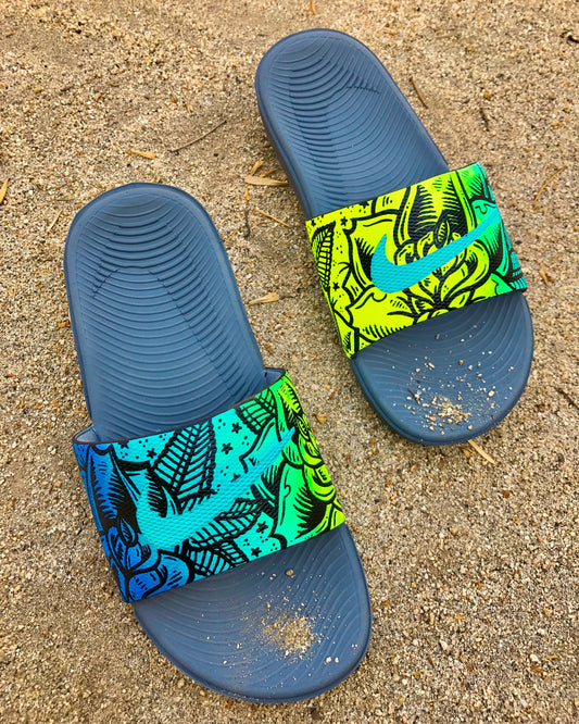 Emerald Rose - Hand Painted Nike Slides aka Sandals, Flip Flops