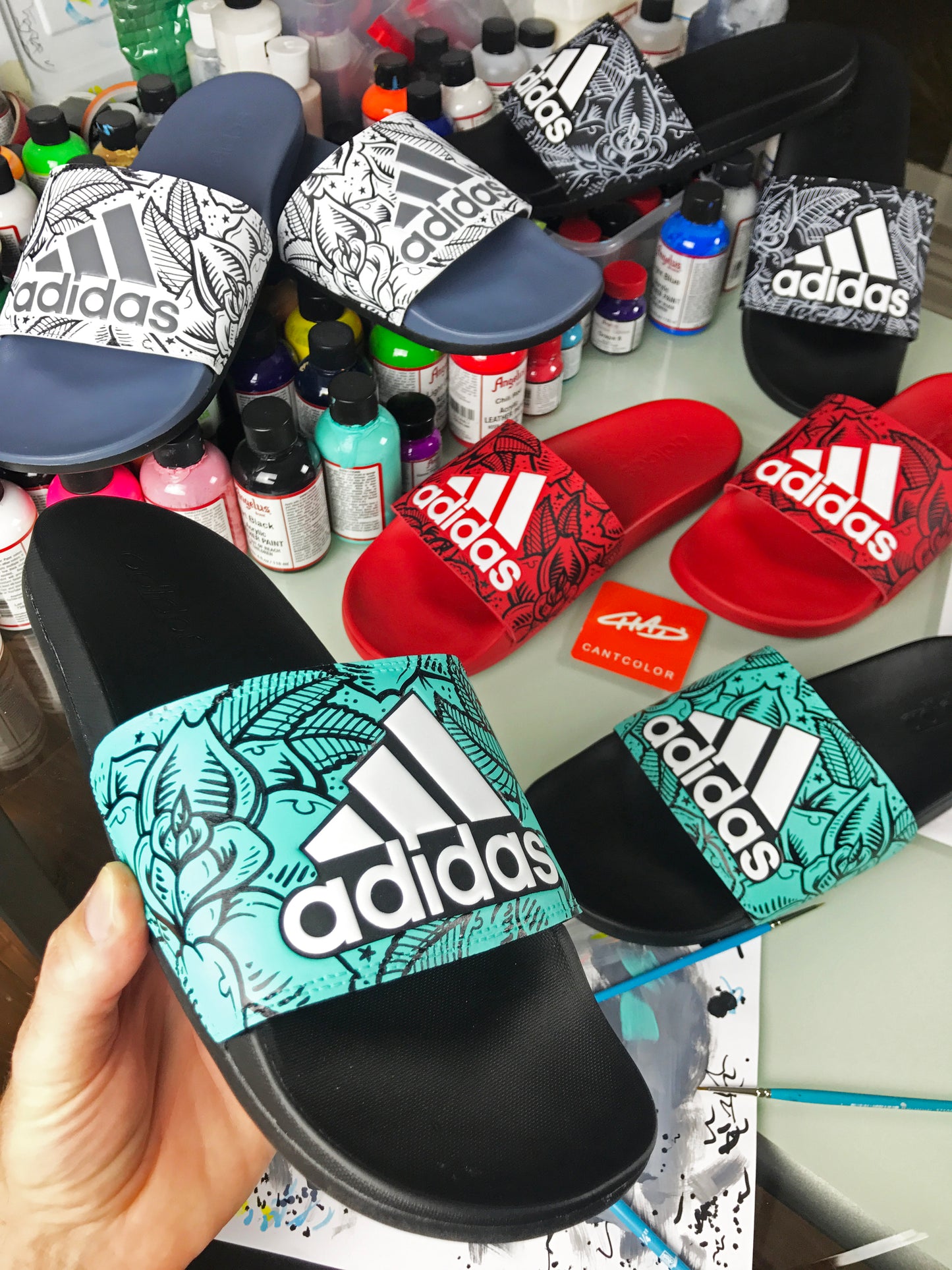Rose Garden - Hand Painted Adidas Slides aka Sandals, Flip Flops