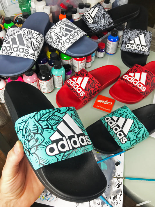 Rose Garden - Hand Painted Adidas Slides aka Sandals, Flip Flops