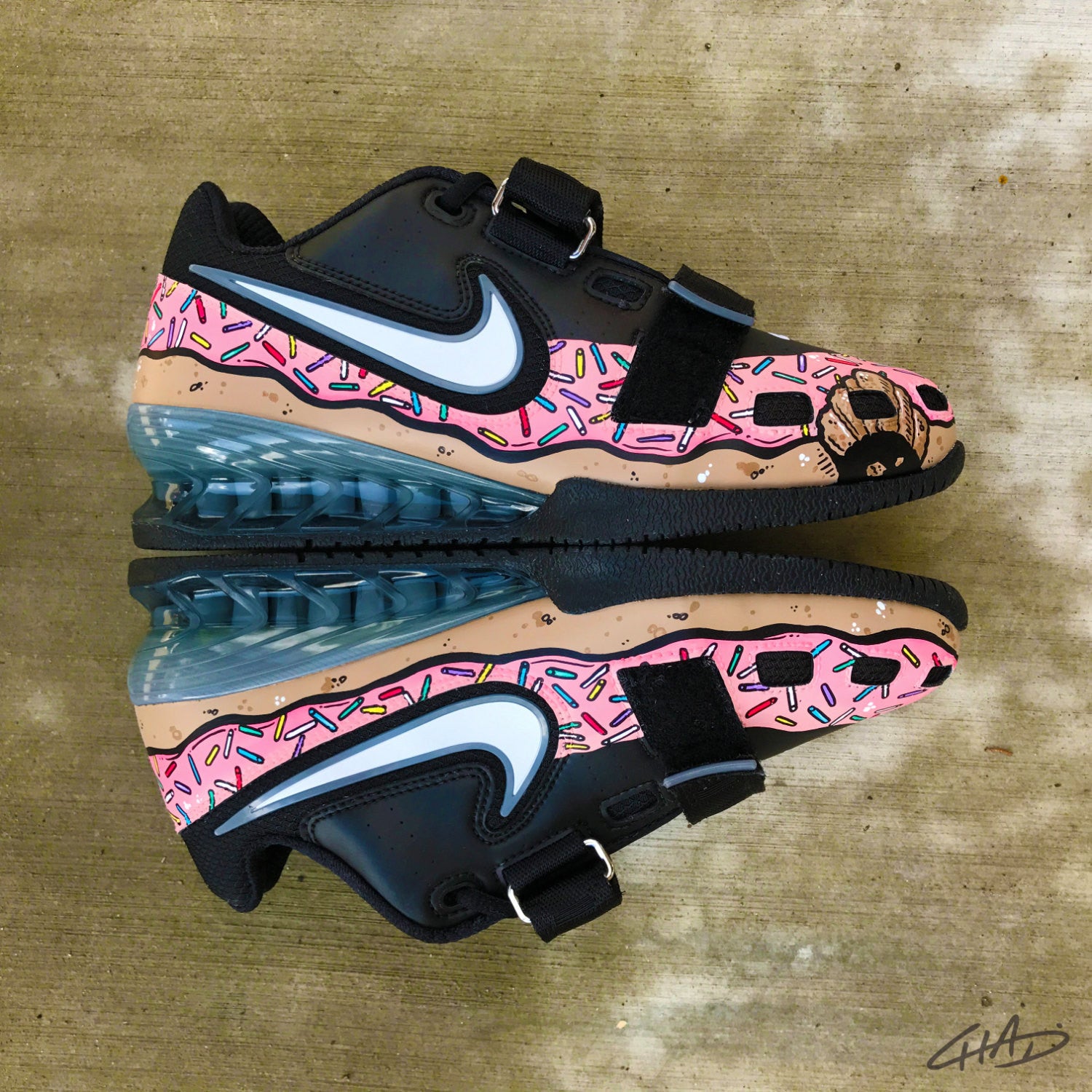 Custom pink sprinkled donut Hand painted Nike Romaleos olympic weightl