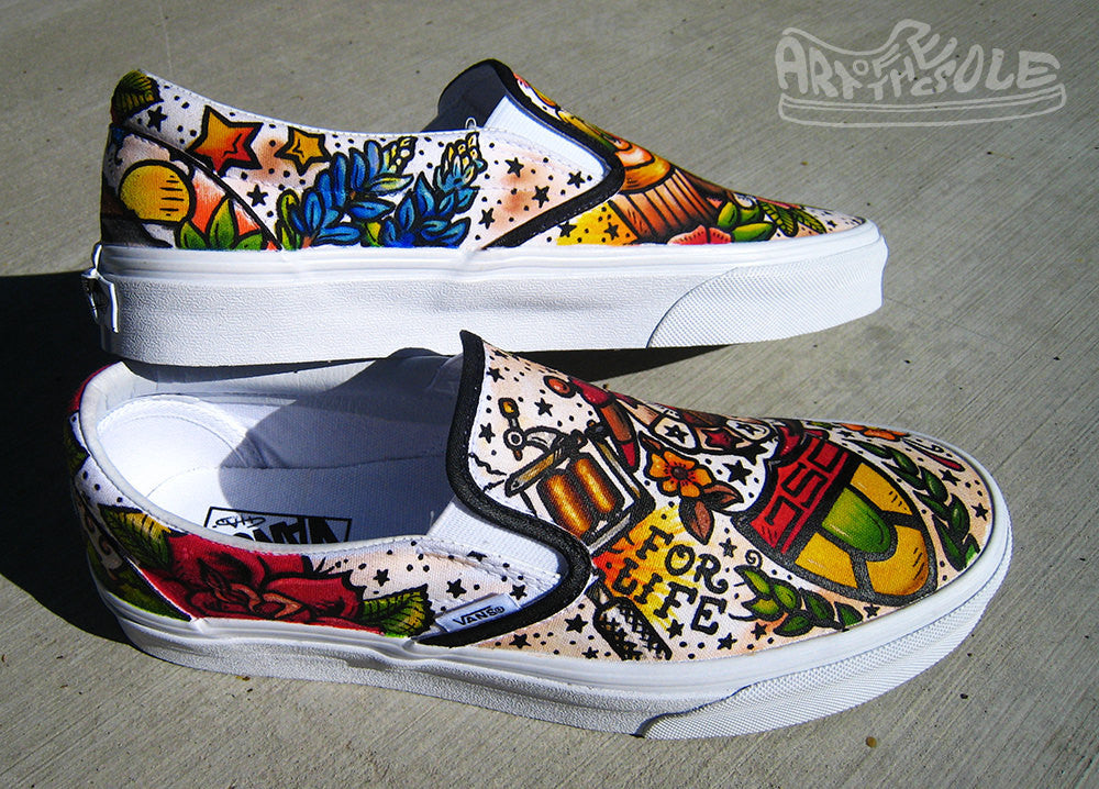 Vintage Tattoo themed Custom hand painted Vans Authentics Shoes
