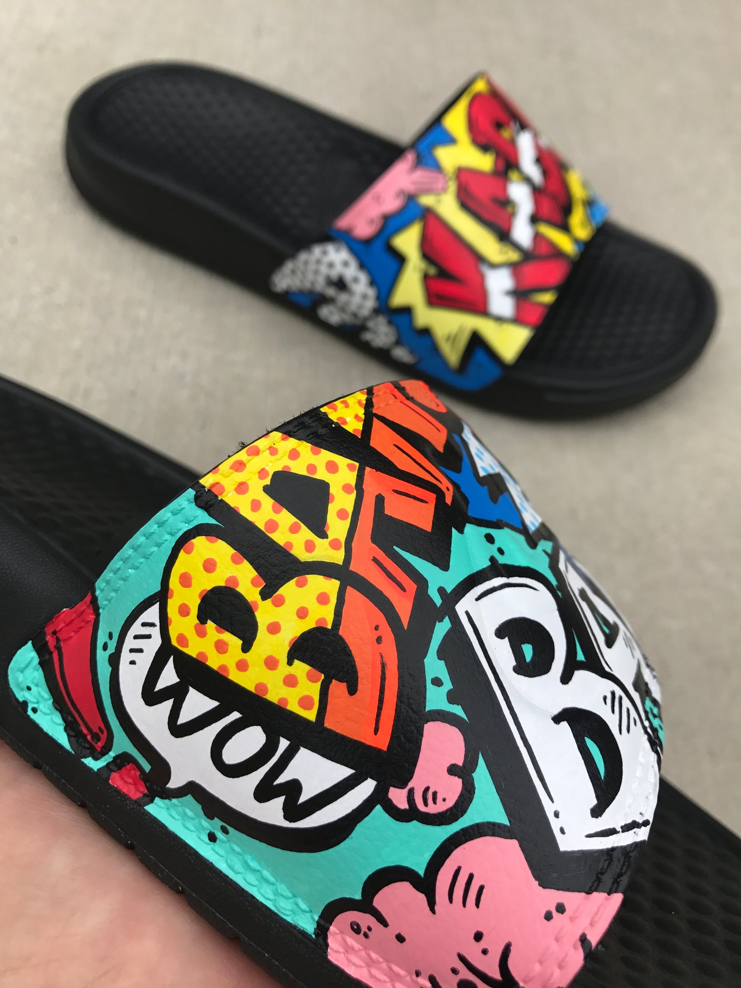 Comic Pop! Hand Painted Nike Slides aka Sandals, Flip Flops