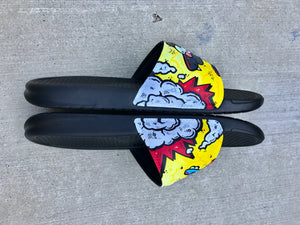 Itchy and Scratchy Simpsons Themed Hand Painted Nike Slides aka Sandals, Flip Flops