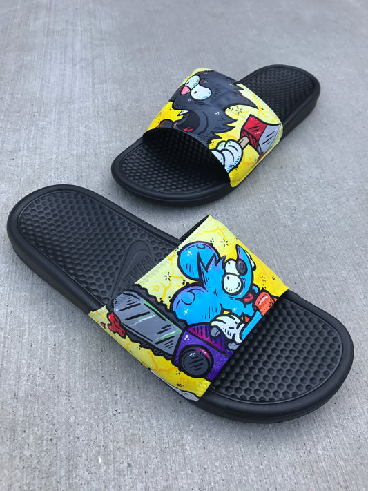 Itchy and Scratchy Simpsons Themed Hand Painted Nike Slides aka Sandals, Flip Flops